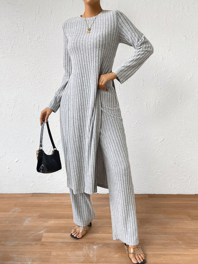 Loose Plain Crew Neck Casual Ribbed Knit Split Hem Tee & Pants Two-Piece Set