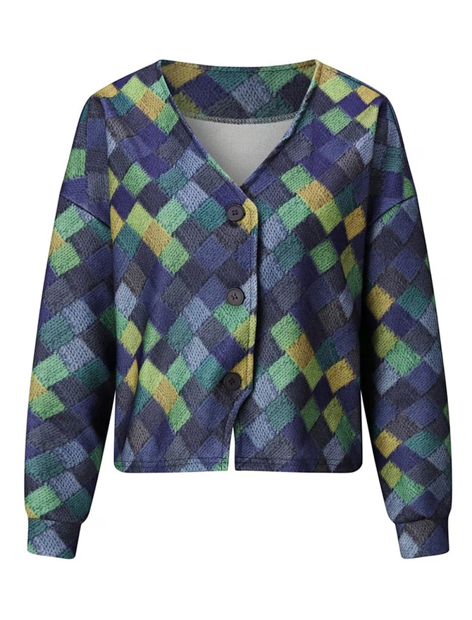 Color Block V Neck Buttoned Casual Cardigan