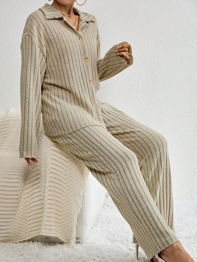 Loose Casual Drop Shoulder Button Front Top & Pants Two-Piece Set