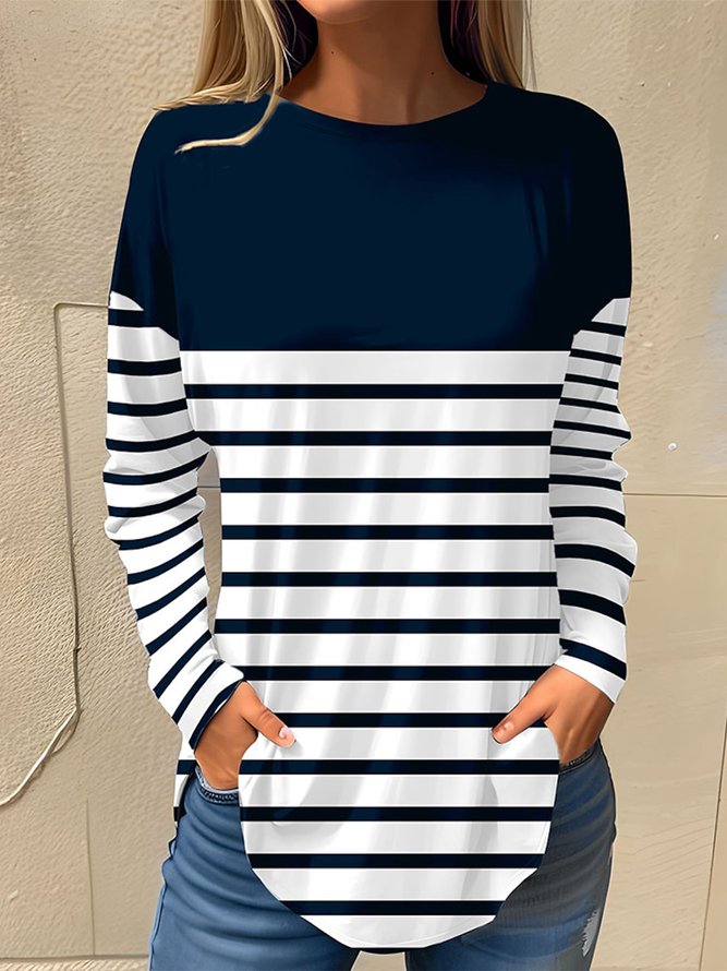 Striped Crew Neck Casual Loose T-Shirt