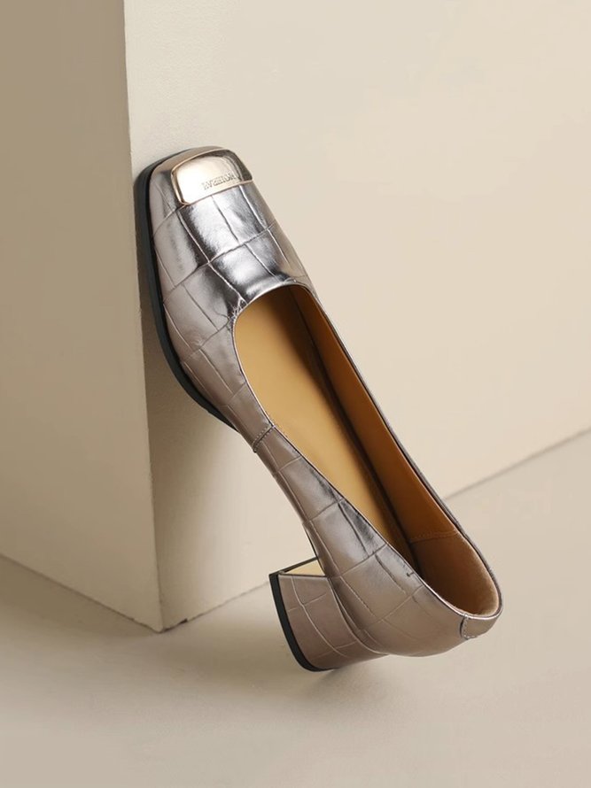 Fashion Metallic Square Toe Block Heel Shallow Shoes