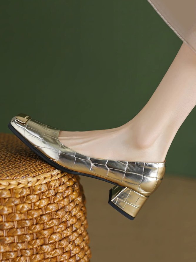 Fashion Metallic Square Toe Block Heel Shallow Shoes