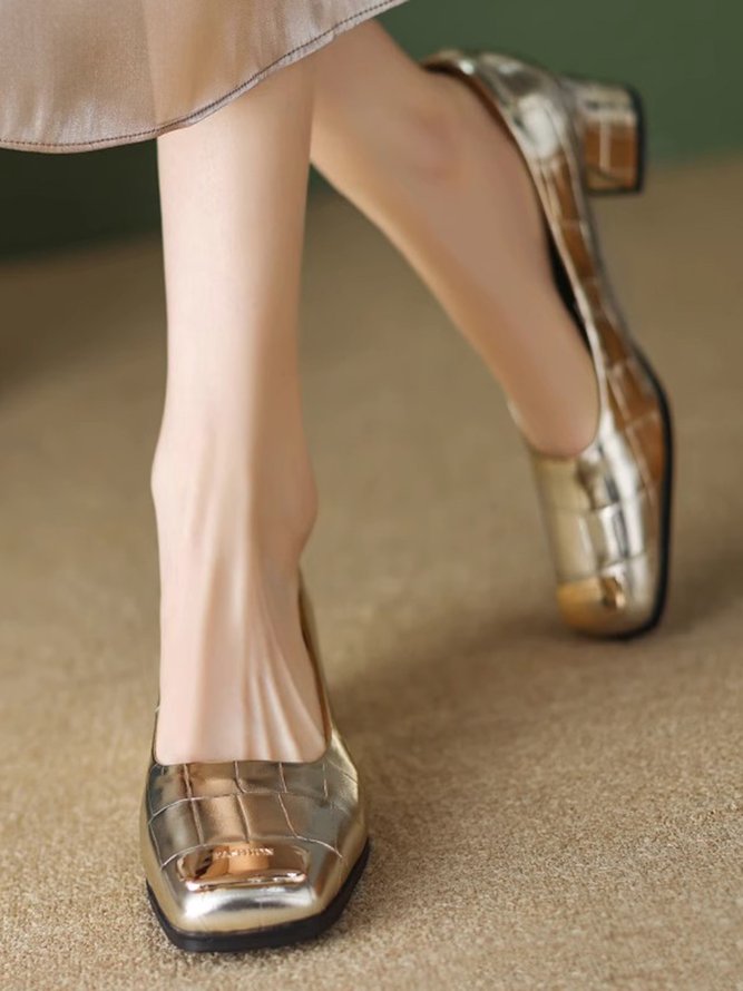Fashion Metallic Square Toe Block Heel Shallow Shoes