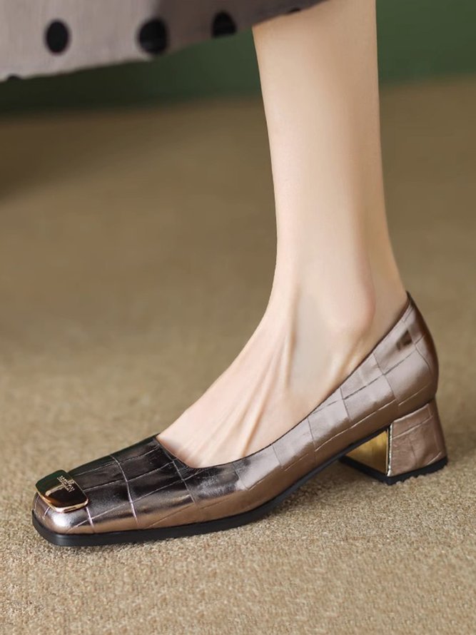 Fashion Metallic Square Toe Block Heel Shallow Shoes