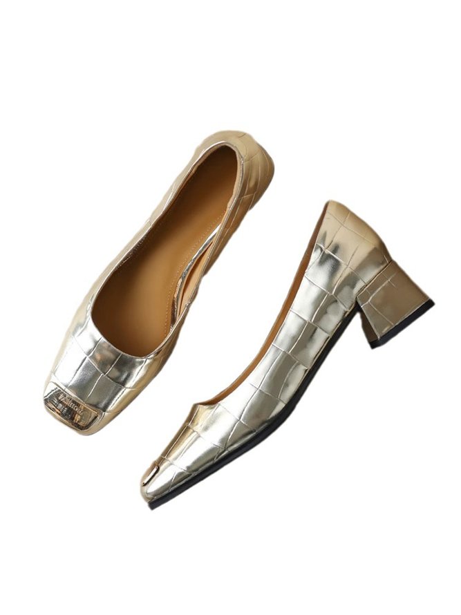 Fashion Metallic Square Toe Block Heel Shallow Shoes