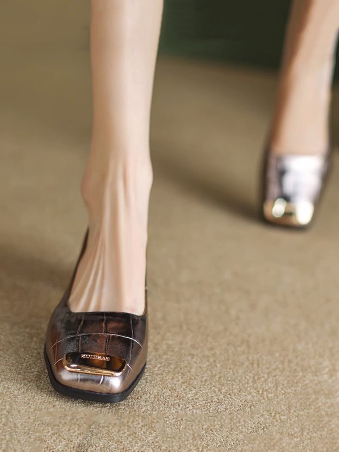 Fashion Metallic Square Toe Block Heel Shallow Shoes