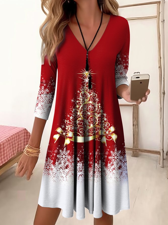 Loose Casual Christmas Tree V Neck Dress