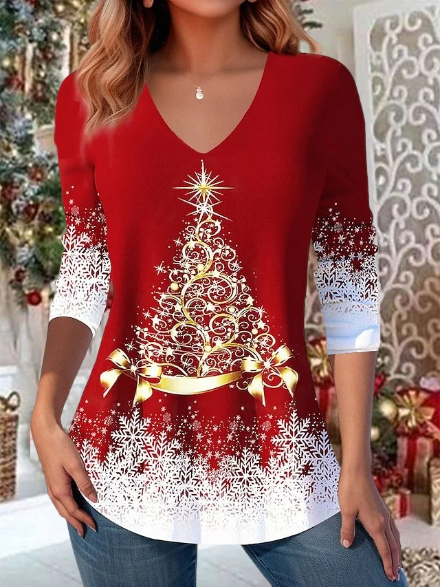 Casual Christmas V Neck Loose T-Shirt