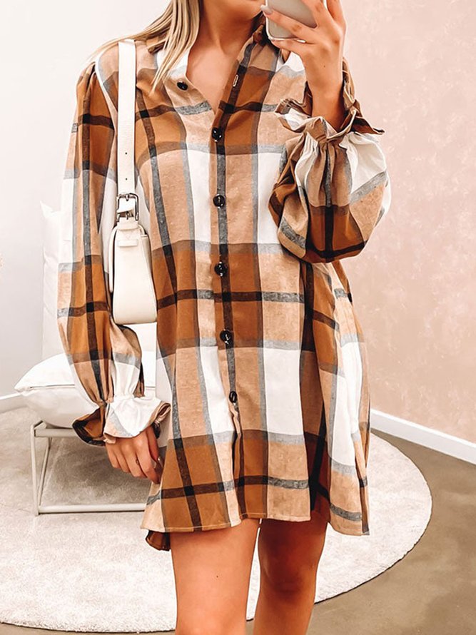 Plaid Shirt Collar Dress With No