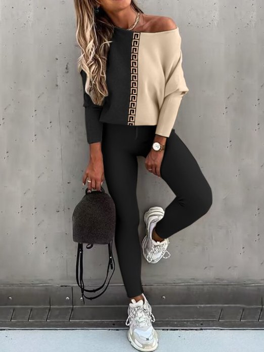 Casual Color Block Knitted Loose Two-Piece Set