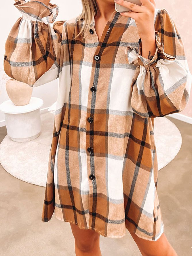 Plaid Shirt Collar Dress With No
