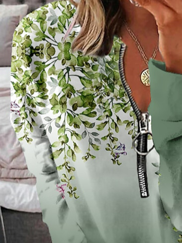 Casual Leaf Knitted Zipper Sweatshirt