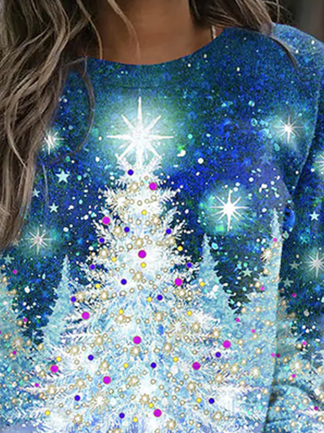 Casual Christmas Tree Cotton-Blend Crew Neck Sweatshirt