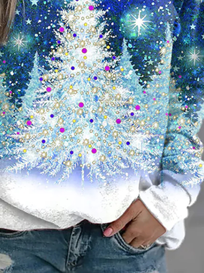 Casual Christmas Tree Cotton-Blend Crew Neck Sweatshirt