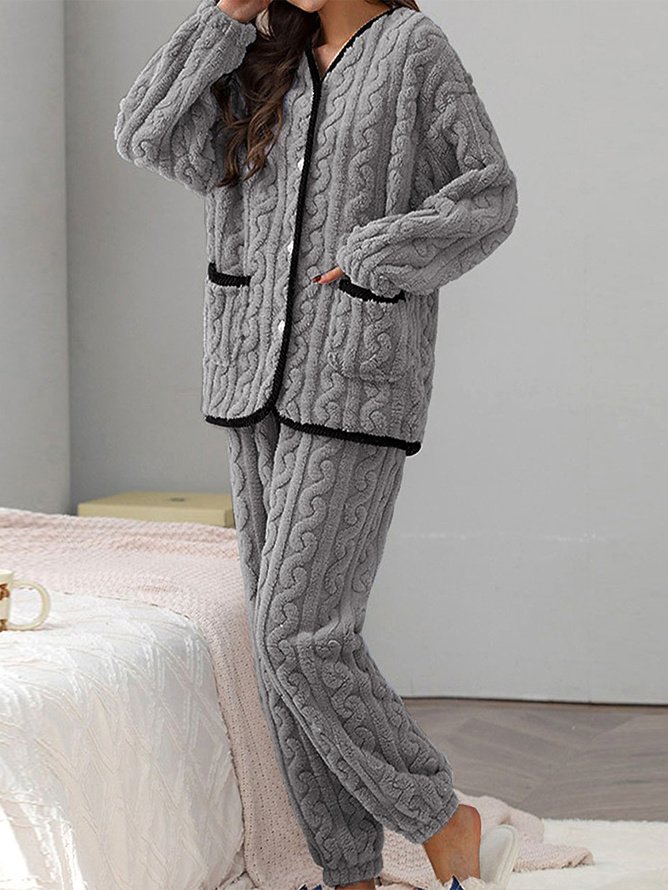 Plain Casual Fluff/Granular Fleece Fabric Two-Piece Set