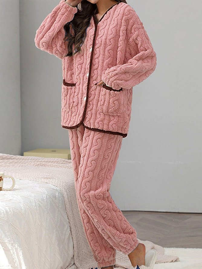 Plain Casual Fluff/Granular Fleece Fabric Two-Piece Set
