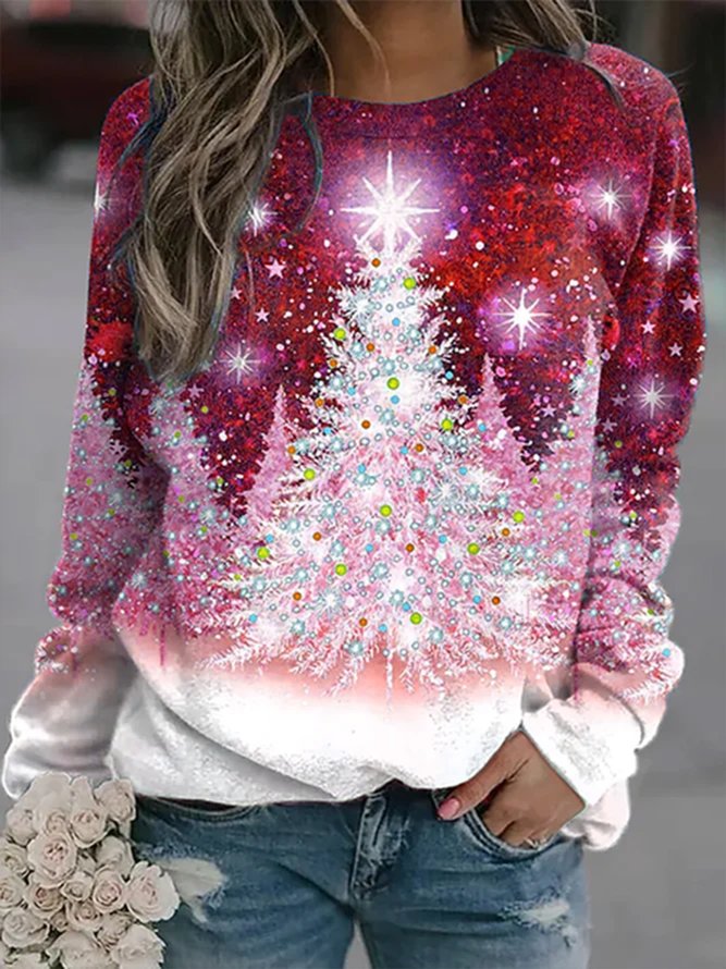 Casual Christmas Tree Cotton-Blend Crew Neck Sweatshirt