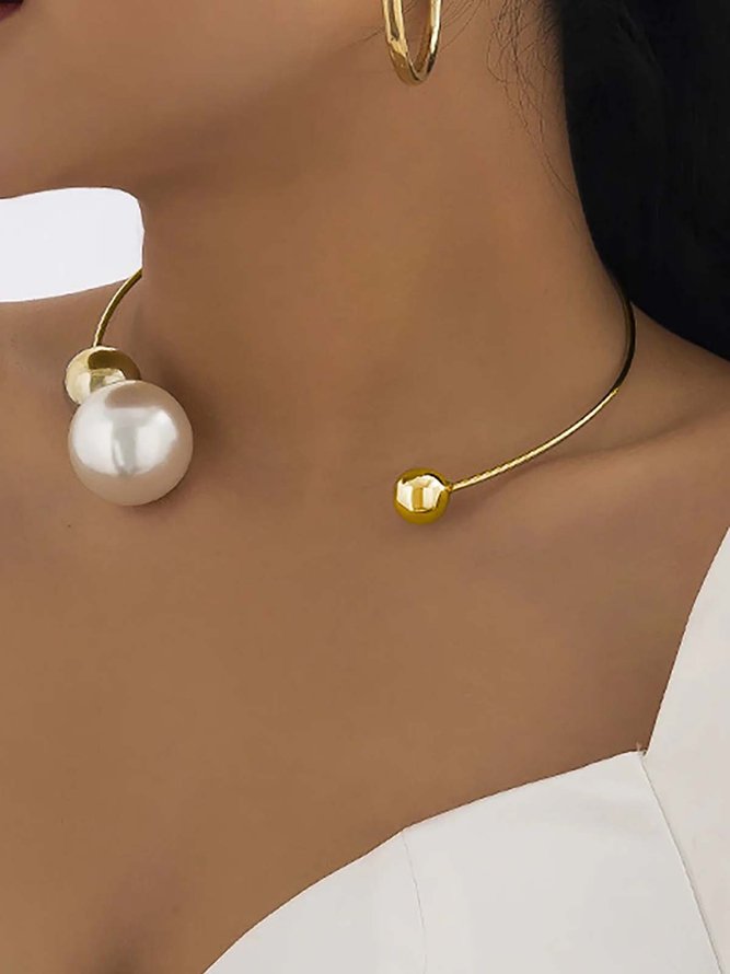 Side view of Women Geometric All Season Elegant Beaded Wedding Metal Choker Necklaces