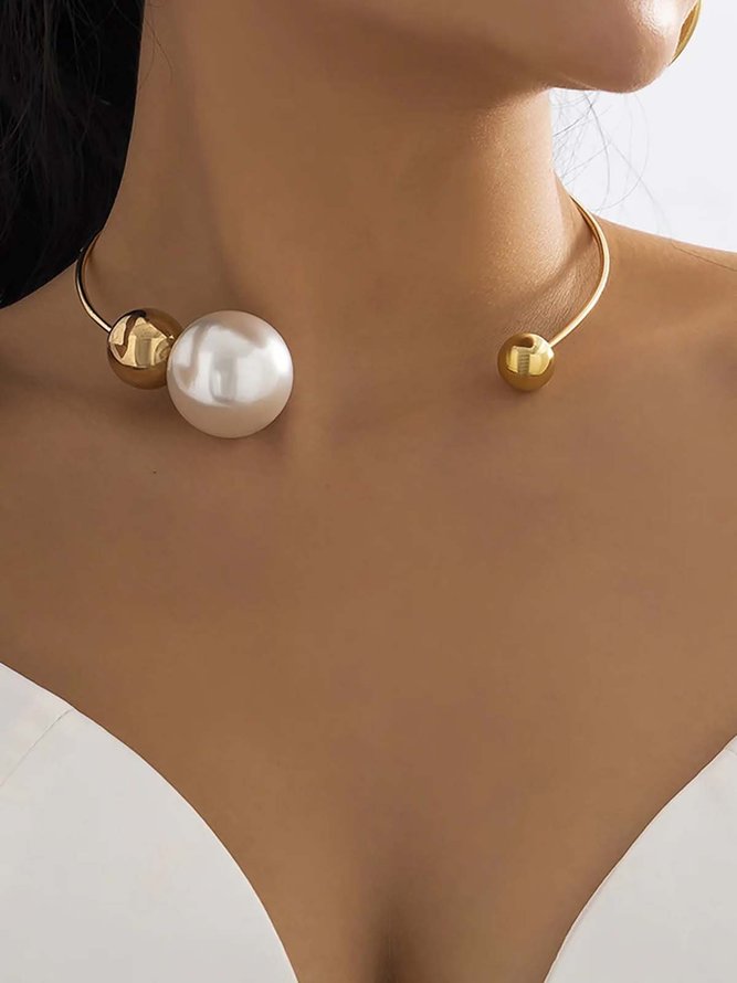 Side view of Women Geometric All Season Elegant Beaded Wedding Metal Choker Necklaces