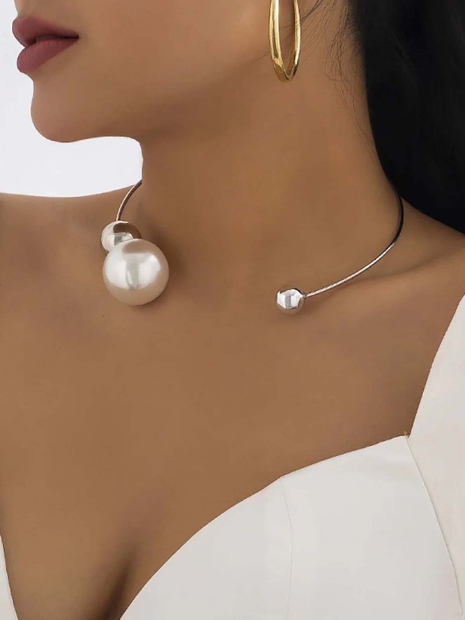 Side view of Women Geometric All Season Elegant Beaded Wedding Metal Choker Necklaces