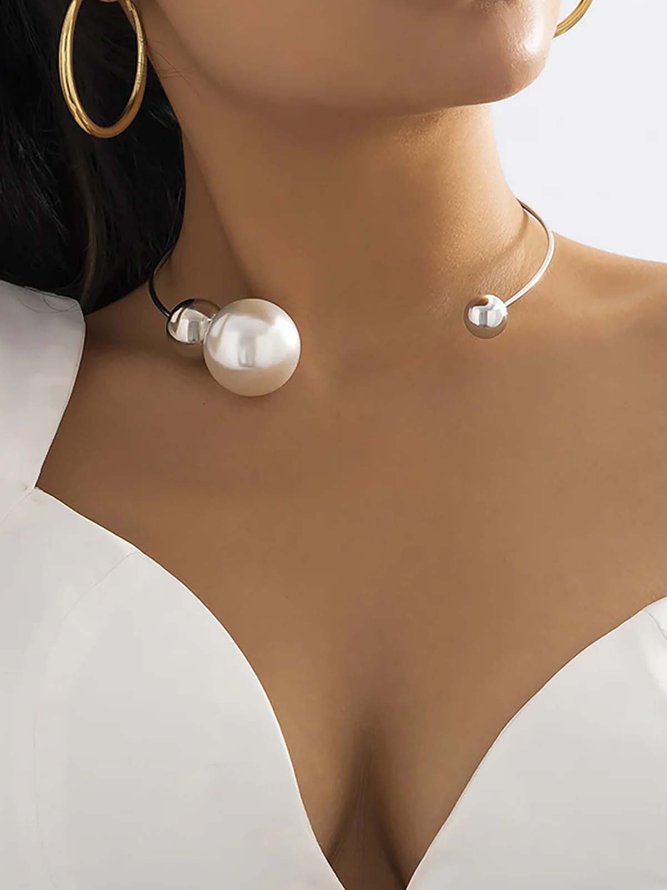 Side view of Women Geometric All Season Elegant Beaded Wedding Metal Choker Necklaces
