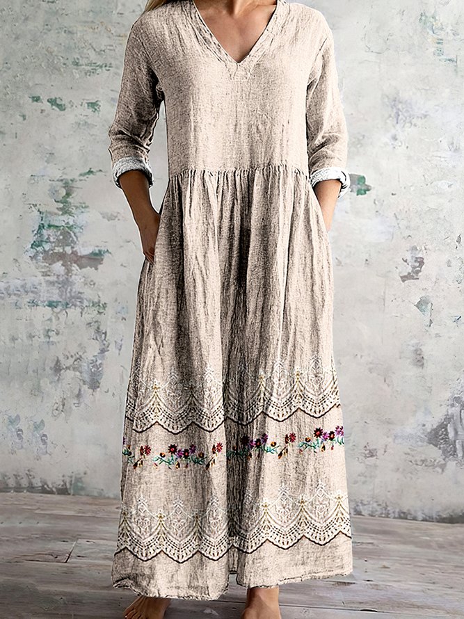 Side view of Women Apricot Floral A-Line Maxi V Neck Casual Spring/Fall Daily Long Sleeve Vintage Dress