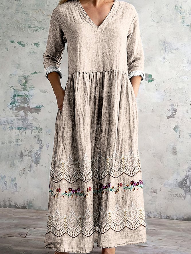 Side view of Women Apricot Floral A-Line Maxi V Neck Casual Spring/Fall Daily Long Sleeve Vintage Dress