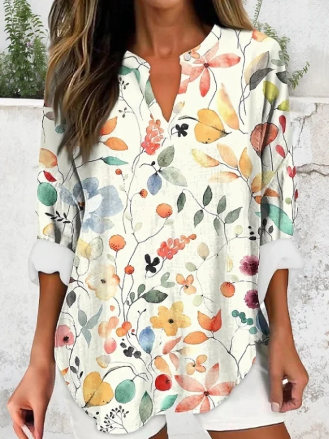 Women Floral Casual Blouses Shawl Collar Long Sleeve Spring/Fall Top-image-17114007
