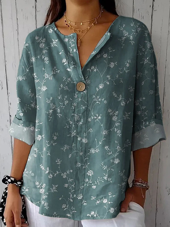 Women Floral Casual Blouses Shawl Collar Three Quarter Sleeve Spring/Fall Top-image-17112115