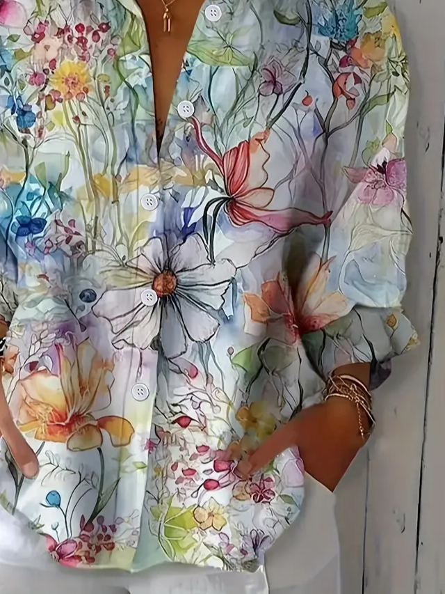 Side view of Women Floral Casual Shirts Spring/Fall Shirt Collar Printing Three Quarter Sleeve Top