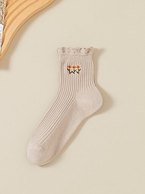 Side view of Street All Season Embroidery Patterns Cotton Printing Breathable Commuting Over the Calf Socks Regular Socks for Women