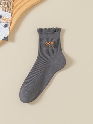 Side view of Street All Season Embroidery Patterns Cotton Printing Breathable Commuting Over the Calf Socks Regular Socks for Women