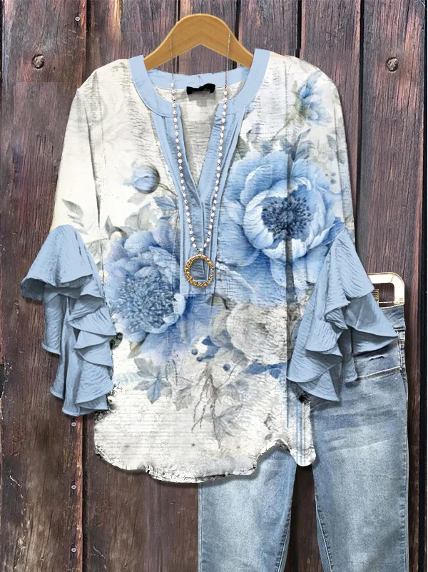 Women Floral Casual Shirts Summer V Neck Printing Half Sleeve Top