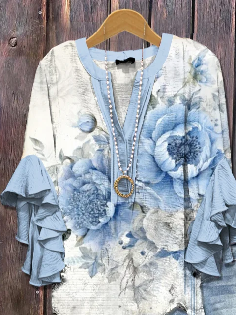 Side view of Women Floral Casual Shirts Summer V Neck Printing Half Sleeve Top