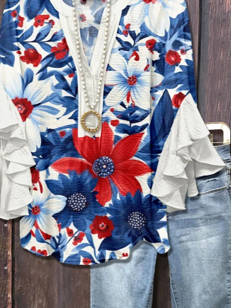 Side view of Women Floral Casual Shirts Summer V Neck Printing Half Sleeve Top