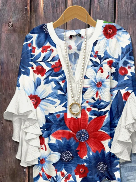 Side view of Women Floral Casual Shirts Summer V Neck Printing Half Sleeve Top