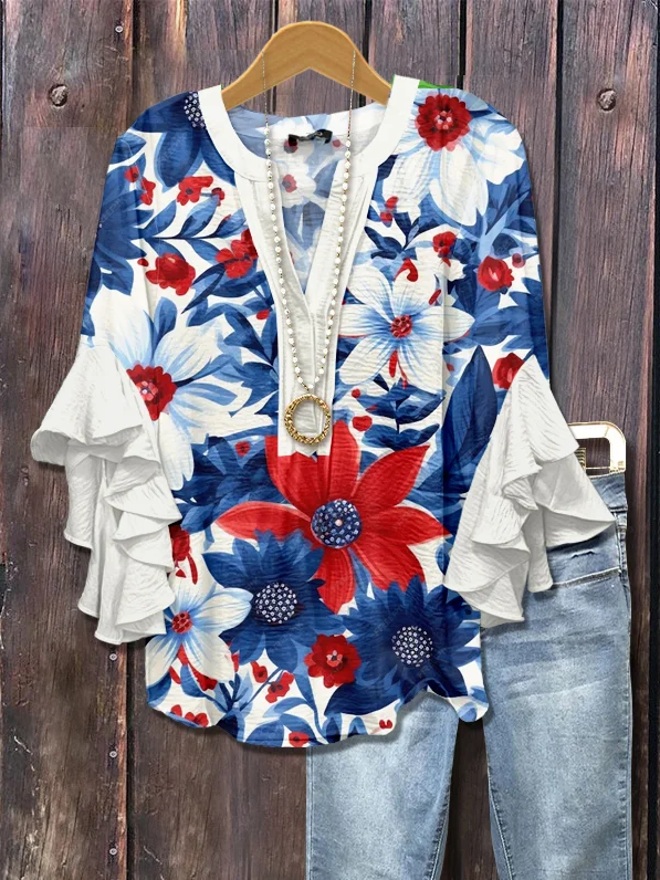 Women Floral Casual Shirts Summer V Neck Printing Half Sleeve Top