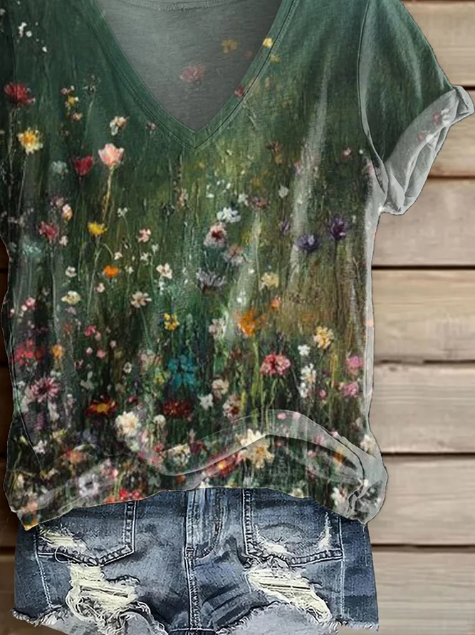Side view of Women Floral Casual Short Sleeve Tee T-shirt V Neck Summer Printing Graphic Tee Top