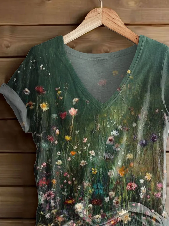 Side view of Women Floral Casual Short Sleeve Tee T-shirt V Neck Summer Printing Graphic Tee Top