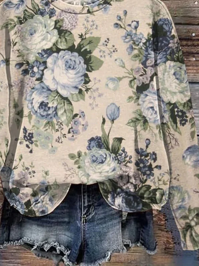 Side view of Women Floral Vintage Sweatshirt Crew Neck Long Sleeve Pullover for Fall