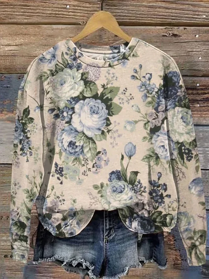 Women Floral Vintage Sweatshirt Crew Neck Long Sleeve Pullover for Fall