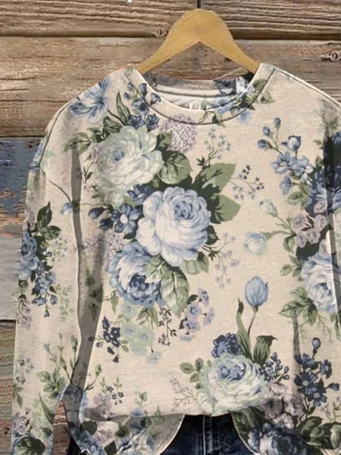 Side view of Women Floral Vintage Sweatshirt Crew Neck Long Sleeve Pullover for Fall