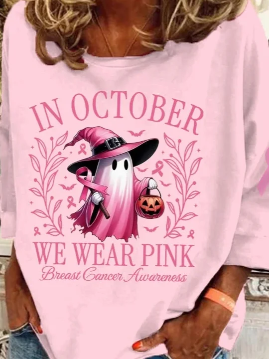 Side view of Women Halloween Sweatshirt We Are Pink Breast Cancer Awareness Crew Neck Fall Top