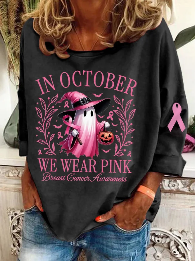 Side view of Women Halloween Sweatshirt We Are Pink Breast Cancer Awareness Crew Neck Fall Top