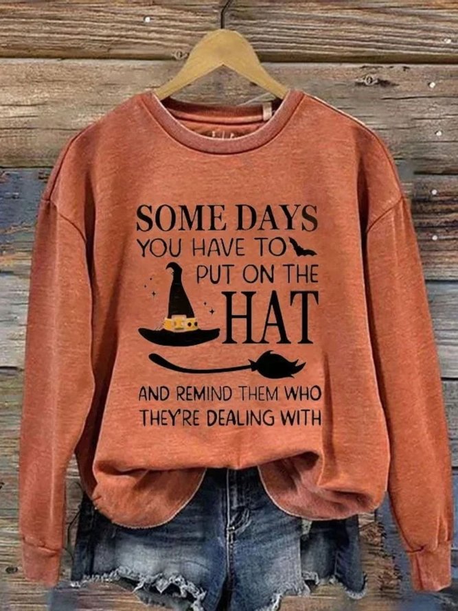 Women Halloween (Halloween Hat) Vintage Crew Neck Long Sleeve Spring/Fall Sweatshirts
