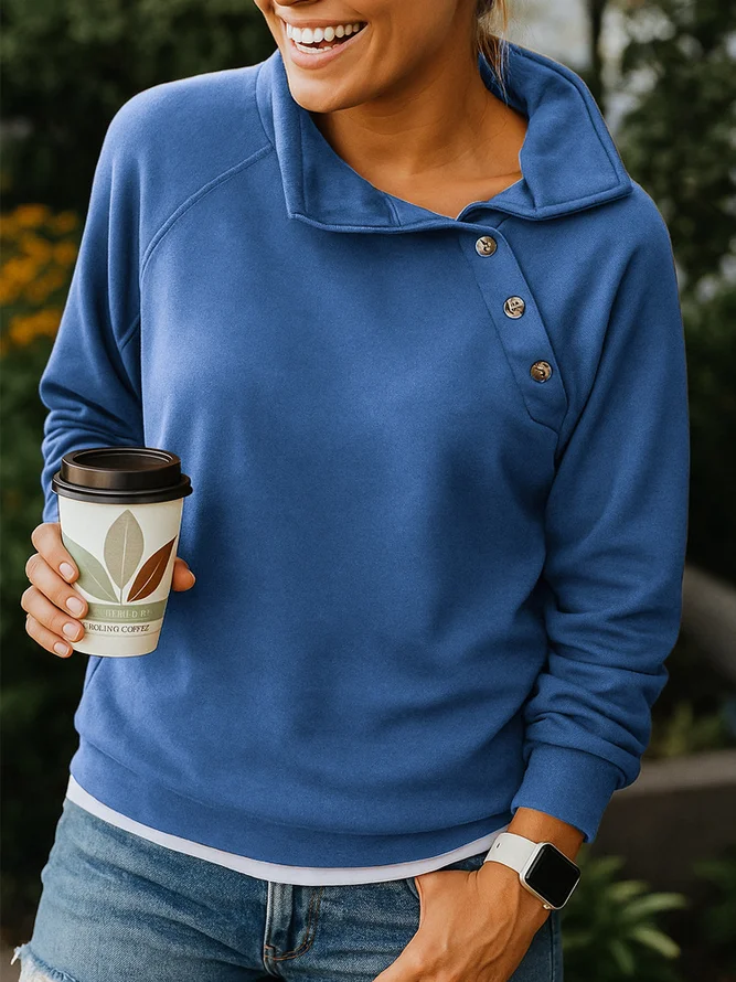 Side view of Women Plain Vintage Asymmetrical Collar Long Sleeve Spring/Fall Sweatshirts