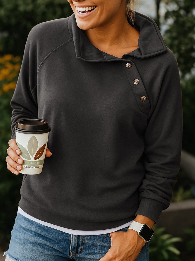 Side view of Women Plain Vintage Asymmetrical Collar Long Sleeve Spring/Fall Sweatshirts