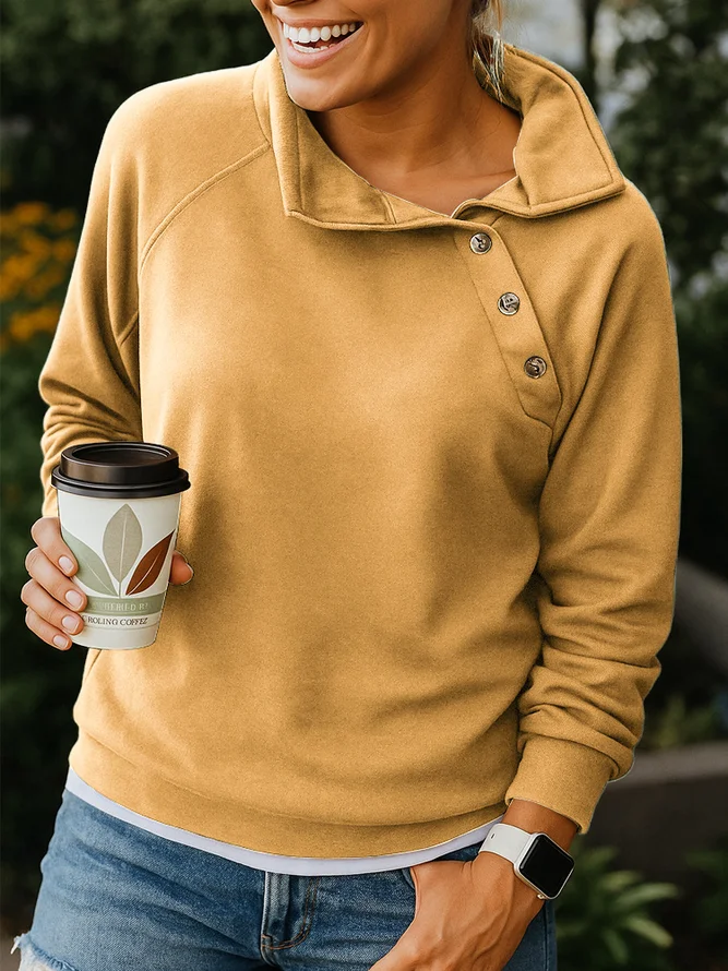 Side view of Women Plain Vintage Asymmetrical Collar Long Sleeve Spring/Fall Sweatshirts