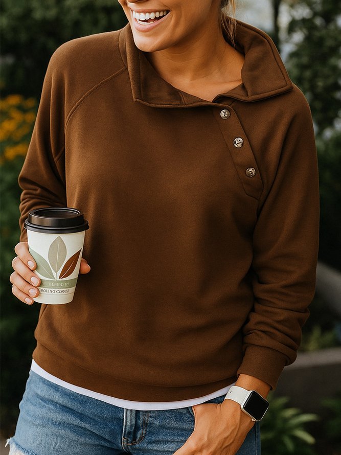 Side view of Women Plain Vintage Asymmetrical Collar Long Sleeve Spring/Fall Sweatshirts