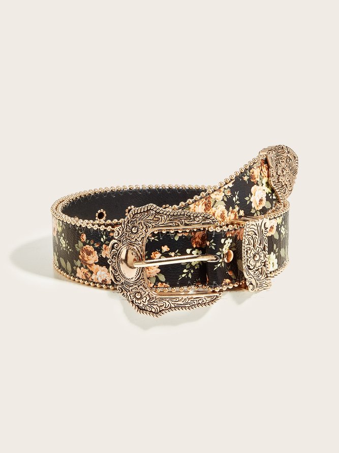Side view of Women Street Floral All Season Printing Commuting PU Belts